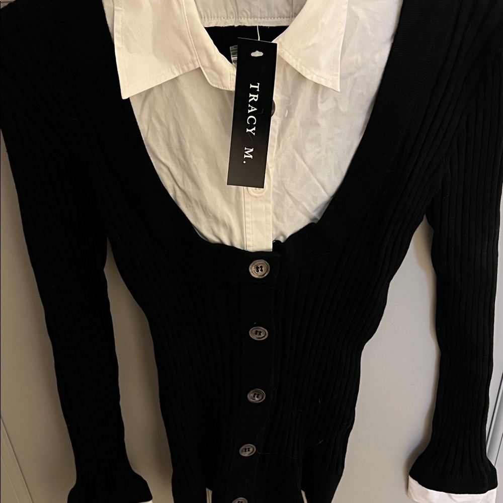 Tracy M Black Cardigan with White Collar Detail